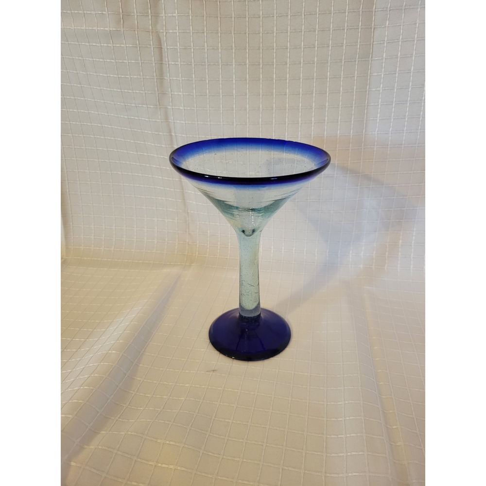 Mexican‎ Hand Blown Margarita Glass Cobalt Blue Rim Seeded Glass Barware